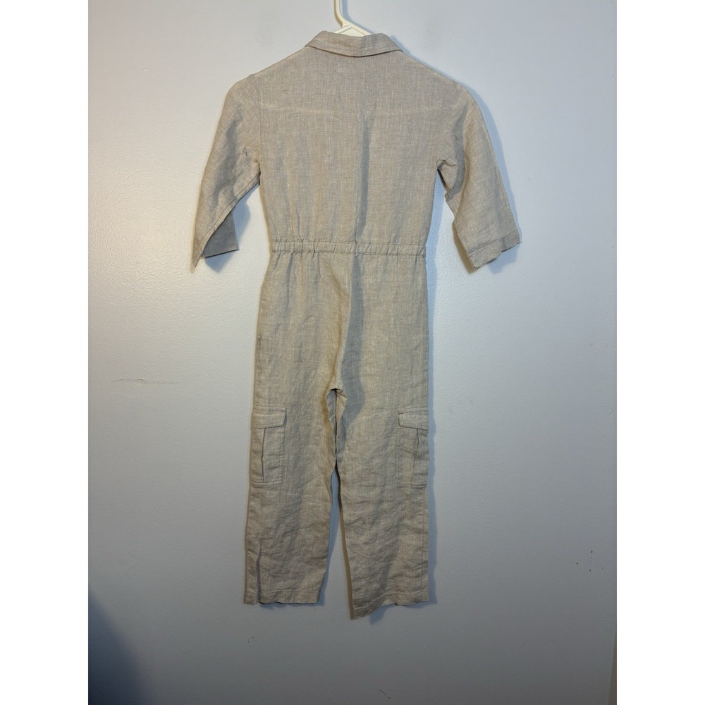 Zara Linen Blend Jumpsuit Girls Sz 6 Oatmeal Button Front Long Sleeve - Picture 4 of 4